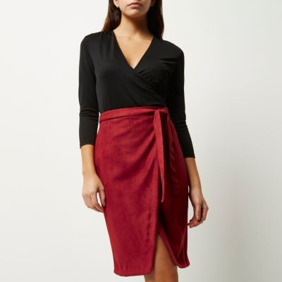 Dark red faux suede wrap skirt
